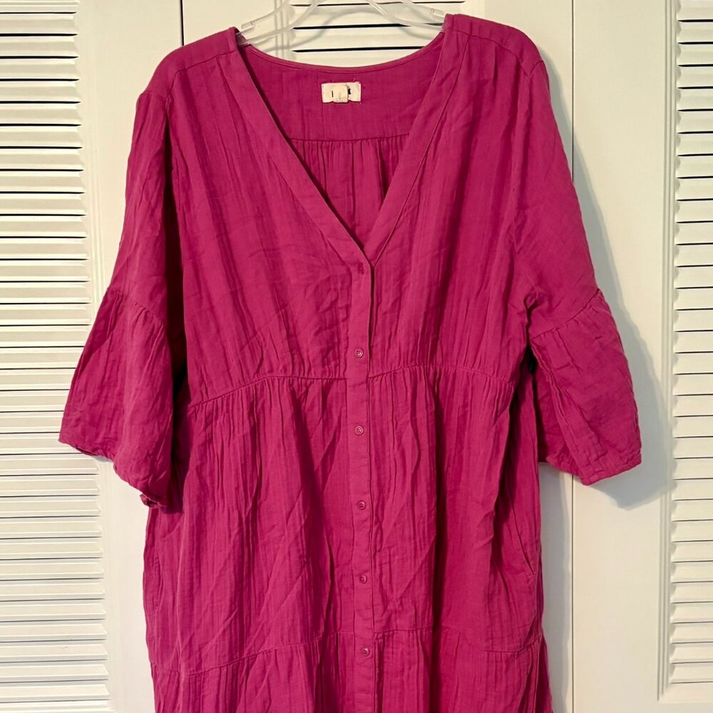 Pact Coastal Organic Cotton Double Gauze Button Front Tiered Long Dress